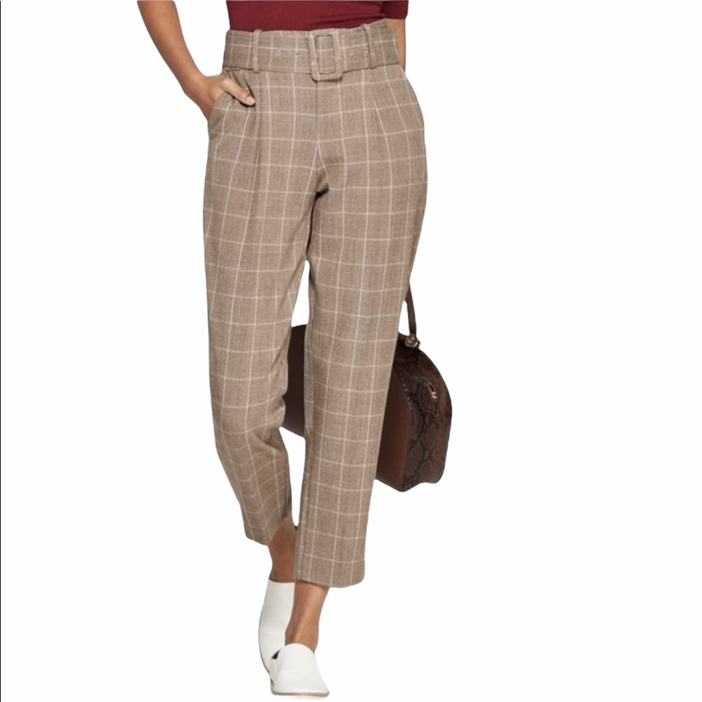A New Day Plaid Belted Trouser Pants Taupe Size 8